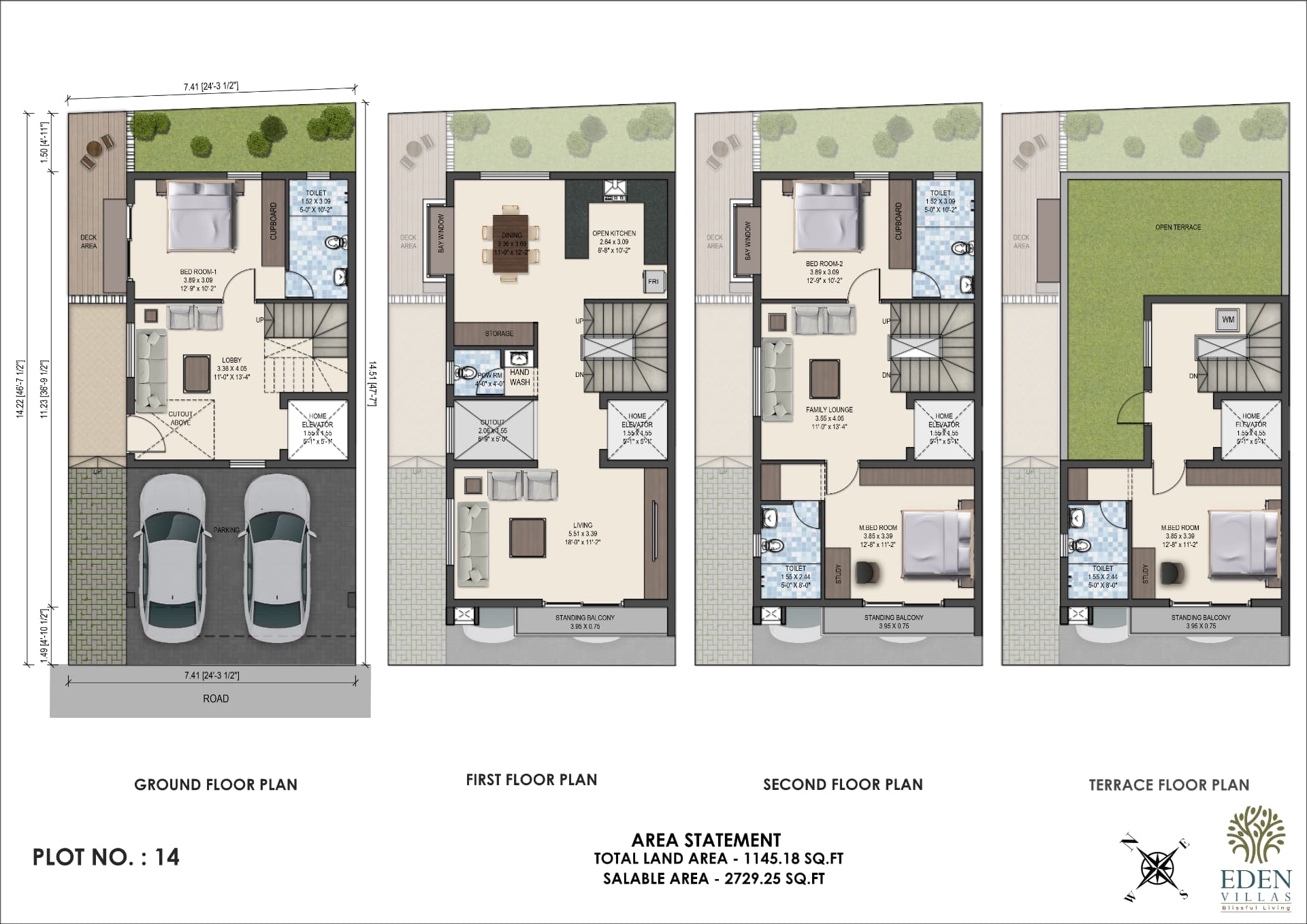 Plot 14 floor plan with 2,729.25 sq ft saleable area